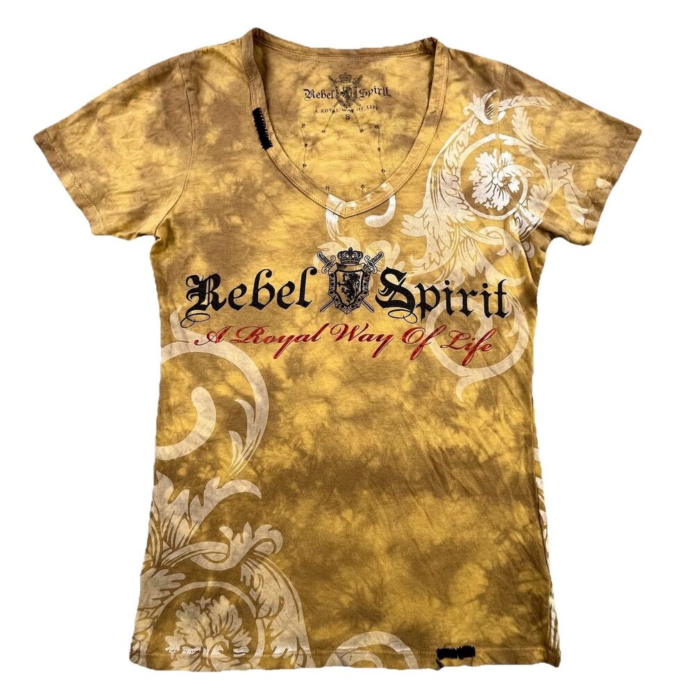 Rebel Spirit T-Shirt Women’s Size S Tie Dye A Royal Way Of Life Velvet Studs